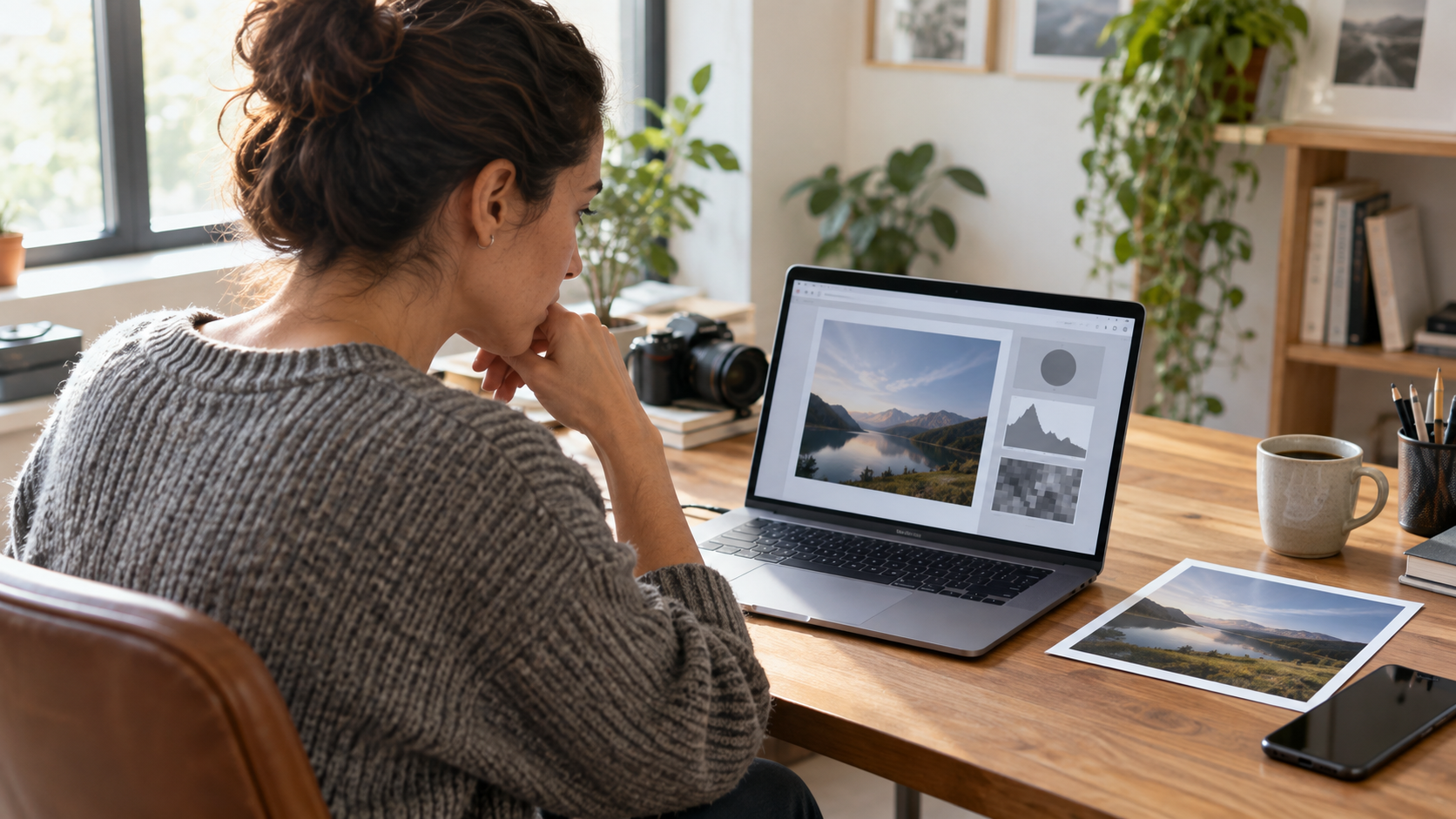 Person reviewing a landscape image on a laptop while checking for visual signs and file provenance.