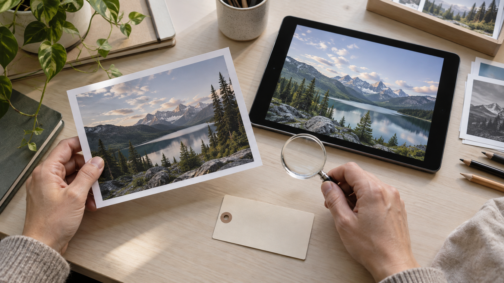Original printed landscape and digital copy beside a magnifying glass, illustrating file-history checks.