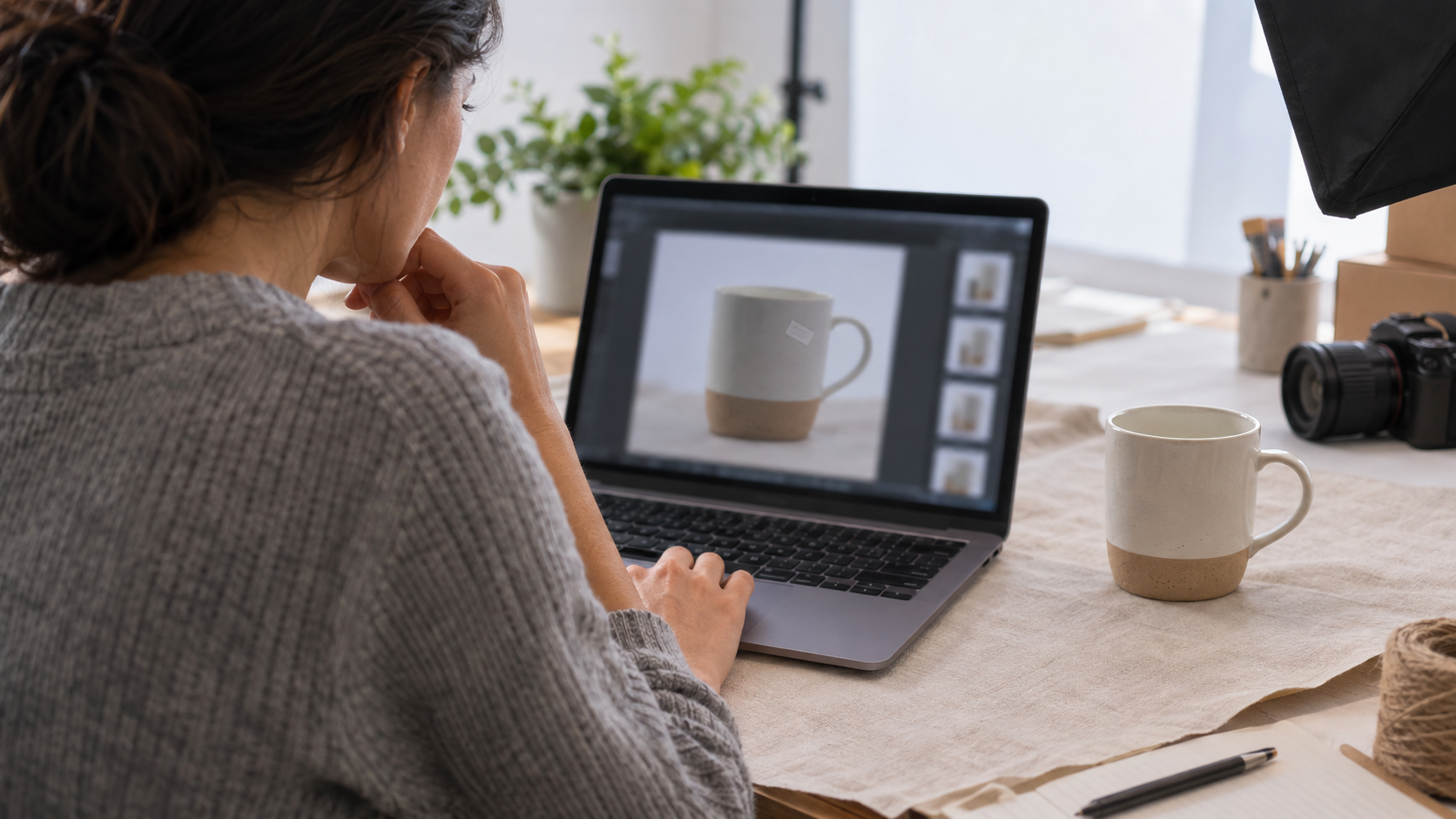 Person reviewing a product photograph with a small visible label before an authorized cleanup decision.