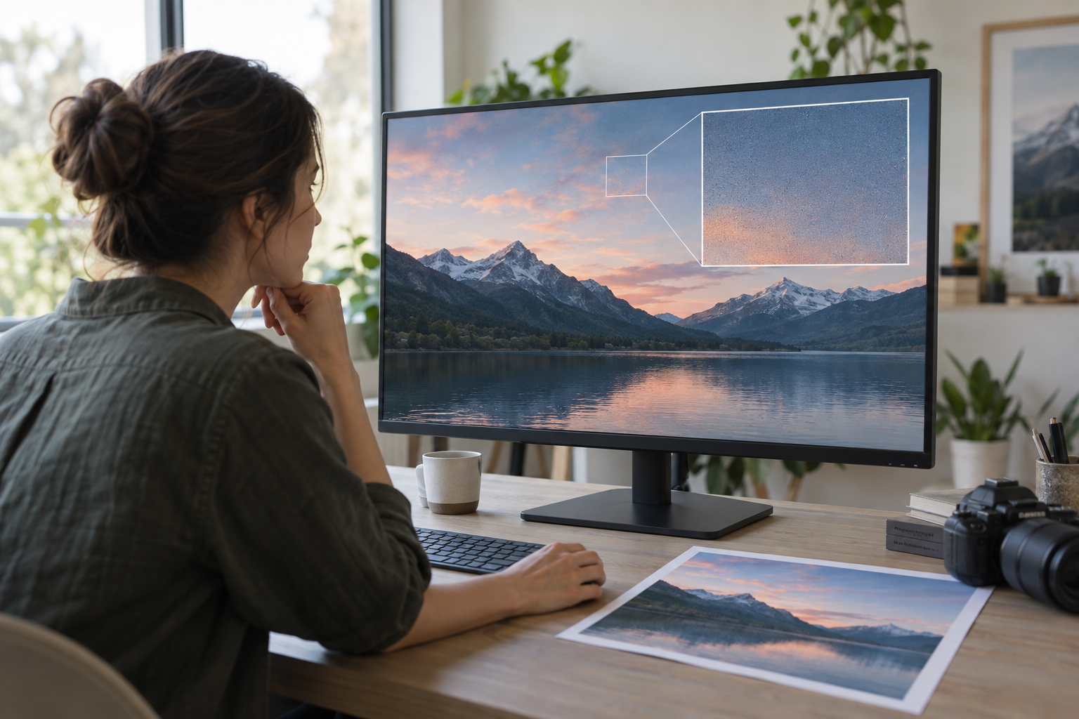 Creator inspecting a grainy sky at 100 percent on a desktop monitor