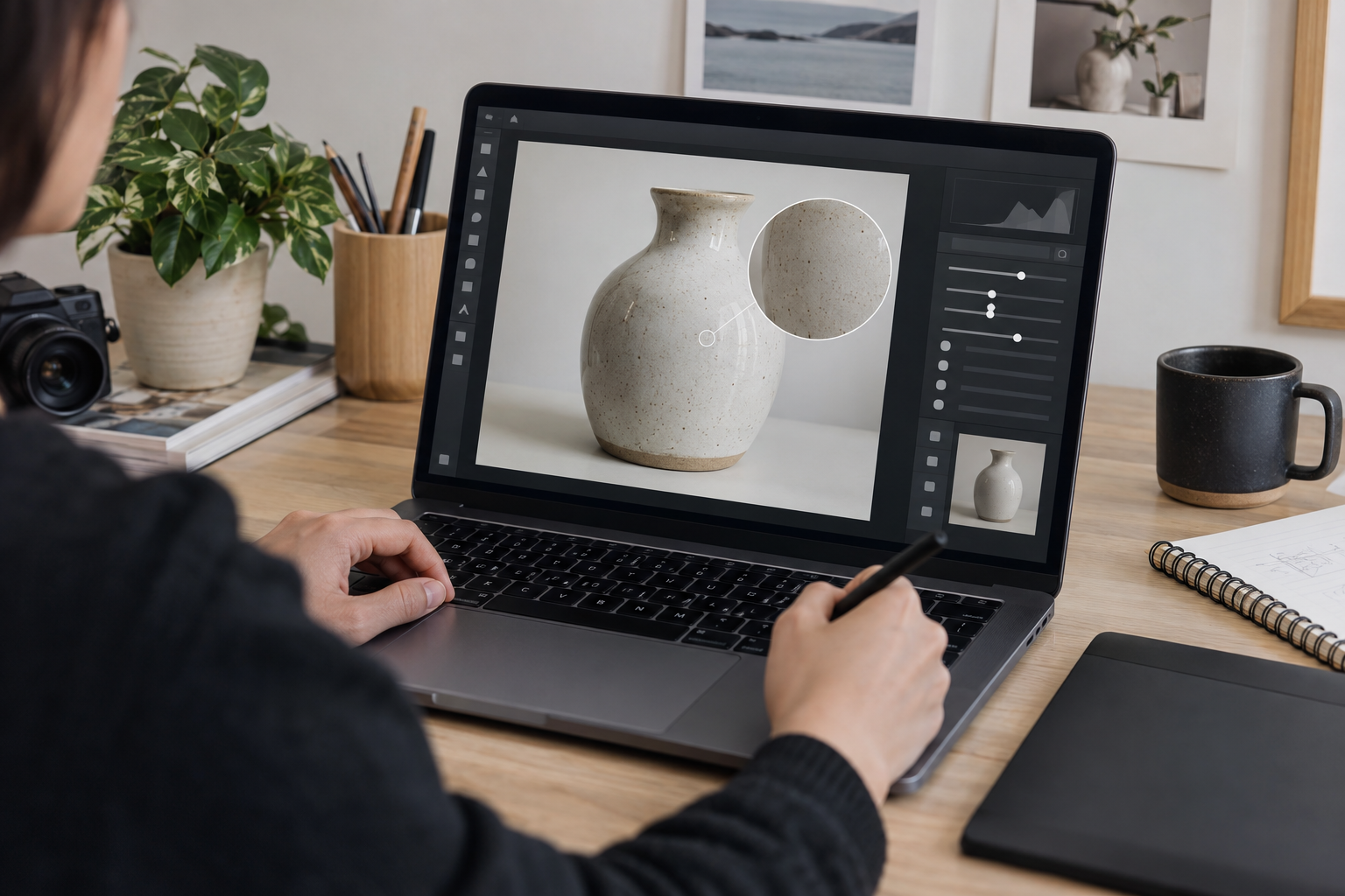 Local photo editor view showing a focused edit on a speckled ceramic surface