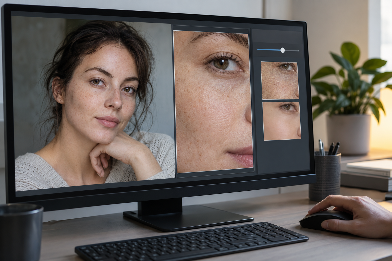 Noise reduction adjustment with a portrait close up on a desktop monitor