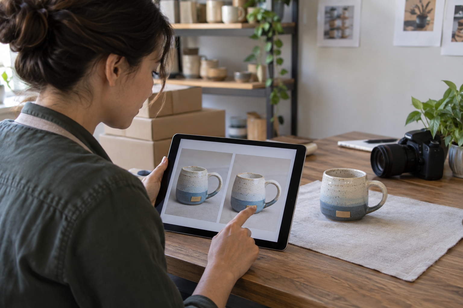 Creator comparing two product photo versions beside a camera