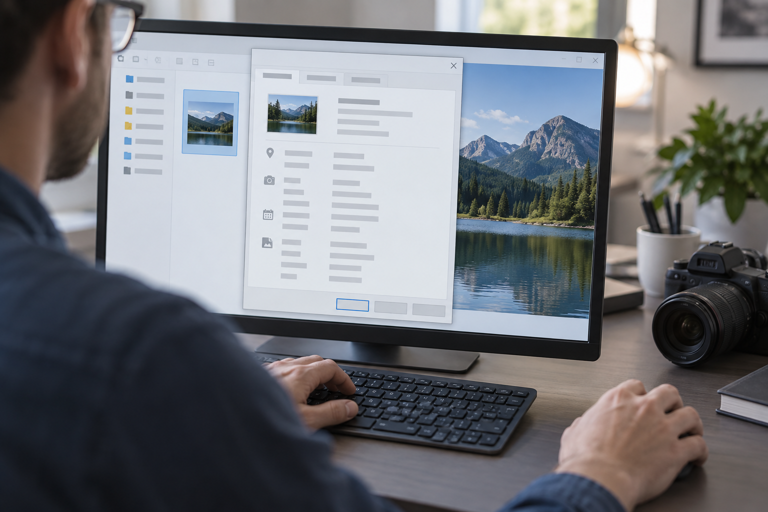 Person checking image properties before sharing a new copy.