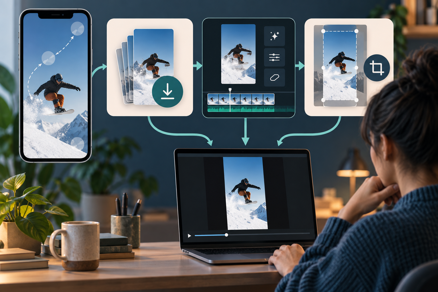 Illustration of a creator comparing a saved vertical clip, editing and cropping options on a laptop.