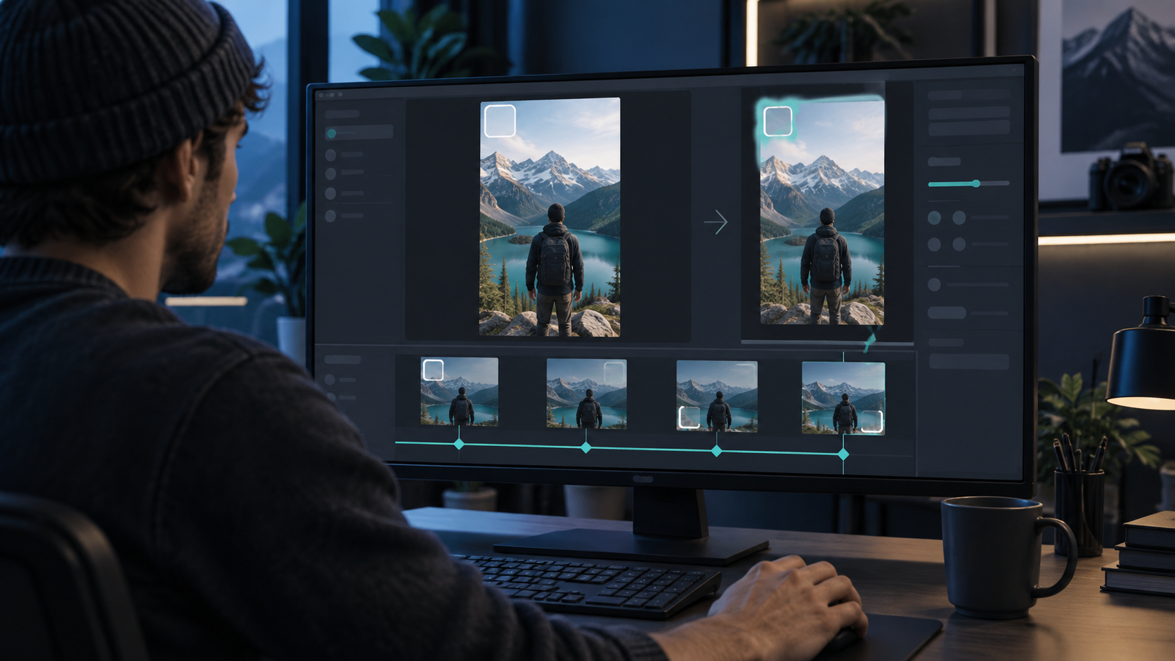 Illustration of an editor checking a vertical mountain clip in two preview panels above a timeline.