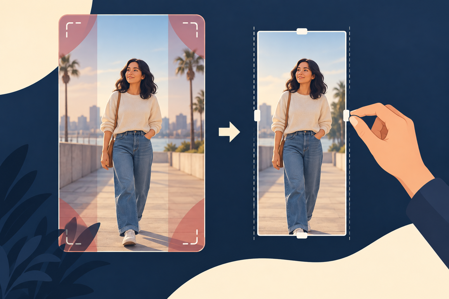 Illustration comparing a full vertical portrait with a tighter crop that removes outer edges.
