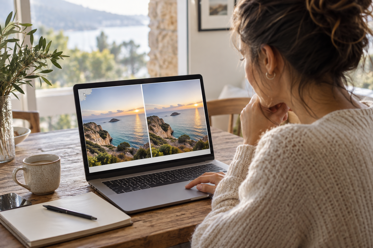 Illustration of a creator comparing two versions of a coastal still image on a laptop.